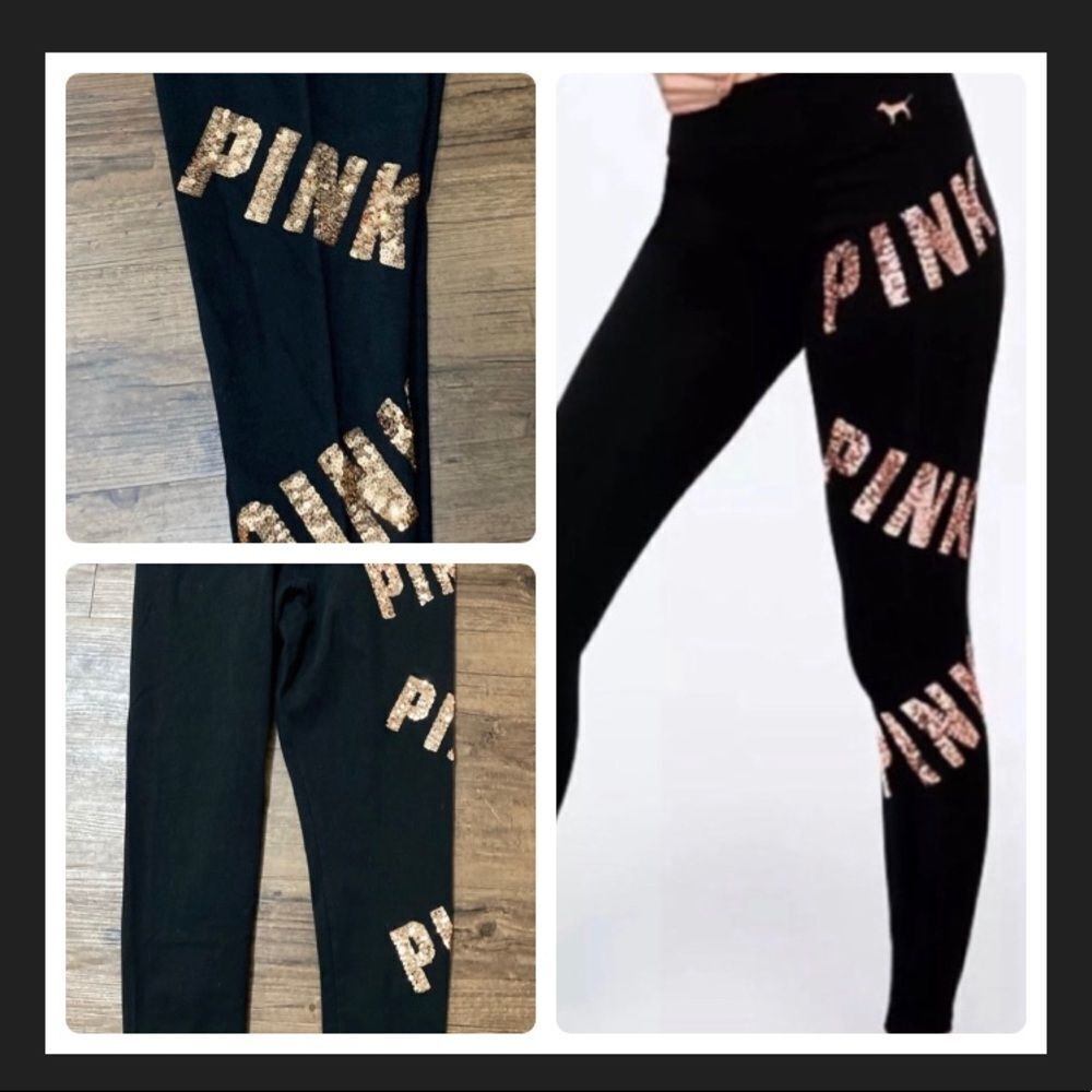NEW VICTORIA’S SECRET PINK BLING ROSE GOLD YOGA LEGGINGS S